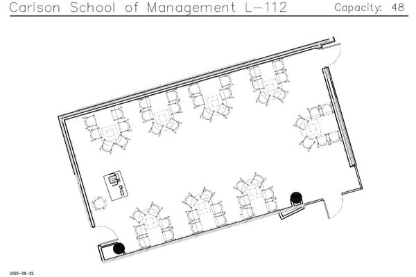 Plan view of the classroom that provides room capacity, seating locations and exits. A QR code links to room schedule and contact information is in the footer