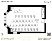 Plan view of the classroom that provides room capacity, seating locations and exits. A QR code links to room schedule and contact information is in the footer