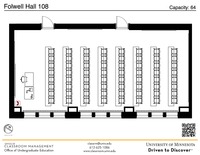 Plan view of the classroom that provides room capacity, seating locations and exits. A QR code links to room schedule and contact information is in the footer