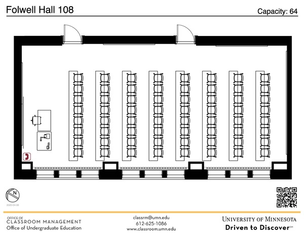 Plan view of the classroom that provides room capacity, seating locations and exits. A QR code links to room schedule and contact information is in the footer