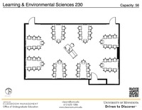 Plan view of the classroom that provides room capacity, seating locations and exits. A QR code links to room schedule and contact information is in the footer