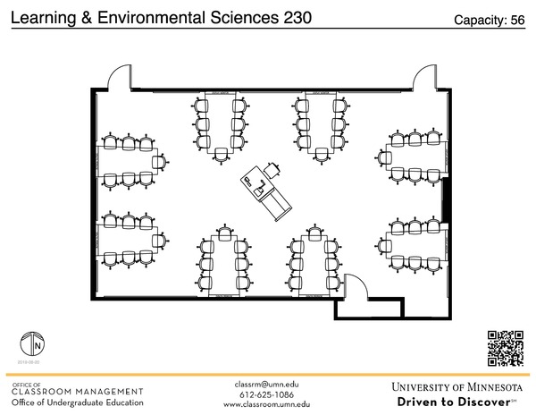 Plan view of the classroom that provides room capacity, seating locations and exits. A QR code links to room schedule and contact information is in the footer