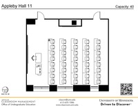 Plan view of the classroom that provides room capacity, seating locations and exits. A QR code links to room schedule and contact information is in the footer