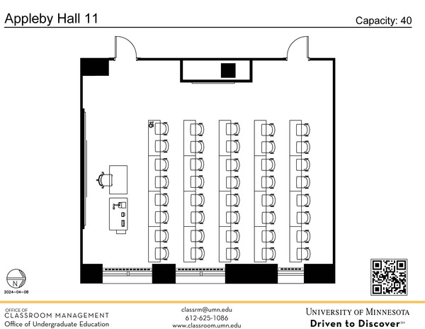 Plan view of the classroom that provides room capacity, seating locations and exits. A QR code links to room schedule and contact information is in the footer