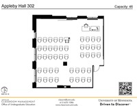 Plan view of the classroom that provides room capacity, seating locations and exits. A QR code links to room schedule and contact information is in the footer