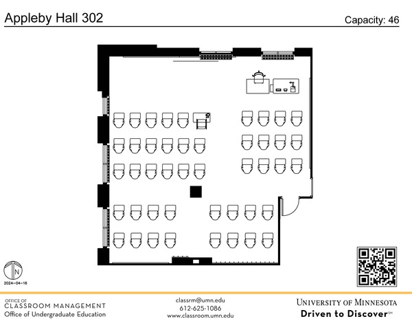 Plan view of the classroom that provides room capacity, seating locations and exits. A QR code links to room schedule and contact information is in the footer