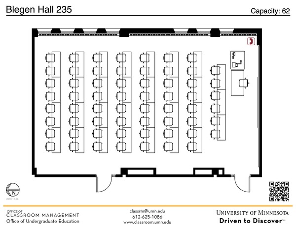 Plan view of the classroom that provides room capacity, seating locations and exits. A QR code links to room schedule and contact information is in the footer