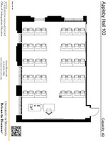 Plan view of the classroom that provides room capacity, seating locations and exits. A QR code links to room schedule and contact information is in the footer