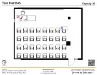 Plan view of the classroom that provides room capacity, seating locations and exits. A QR code links to room schedule and contact information is in the footer