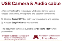 Instructions for USB camera and audio cable signal names: 1)  choose TesiraFORTE for microphone and speaker, 2) choose EasyIP Mixer for camera