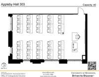 Plan view of the classroom that provides room capacity, seating locations and exits. A QR code links to room schedule and contact information is in the footer