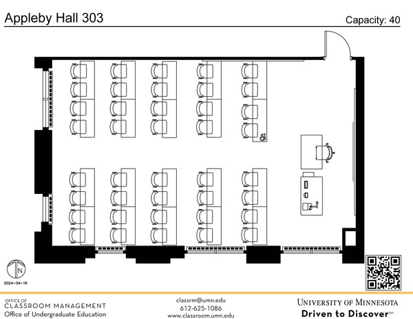 Plan view of the classroom that provides room capacity, seating locations and exits. A QR code links to room schedule and contact information is in the footer