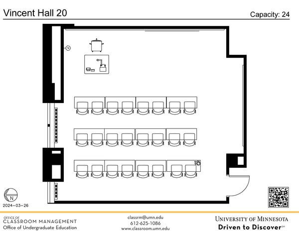 Plan view of the classroom that provides room capacity, seating locations and exits. A QR code links to room schedule and contact information is in the footer