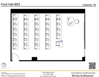 Plan view of the classroom that provides room capacity, seating locations and exits. A QR code links to room schedule and contact information is in the footer