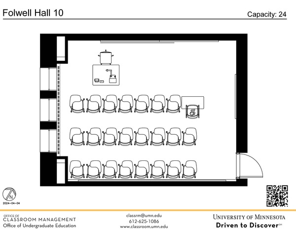 Plan view of the classroom that provides room capacity, seating locations and exits. A QR code links to room schedule and contact information is in the footer