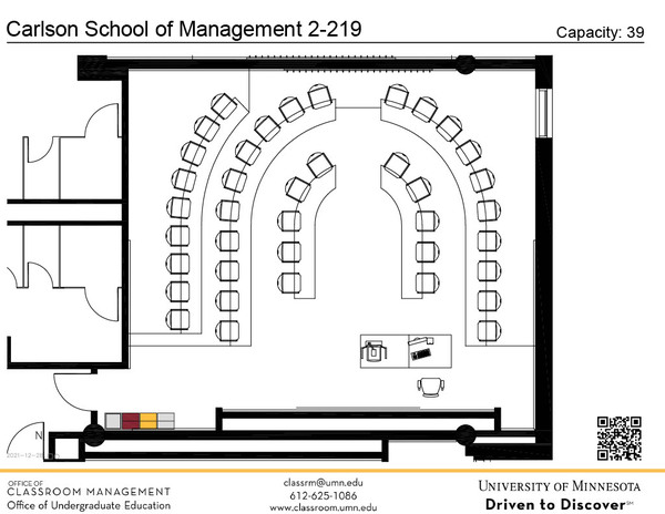 Plan view of the classroom that provides room capacity, seating locations and exits. A QR code links to room schedule and contact information is in the footer