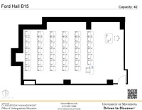 Plan view of the classroom that provides room capacity, seating locations and exits. A QR code links to room schedule and contact information is in the footer