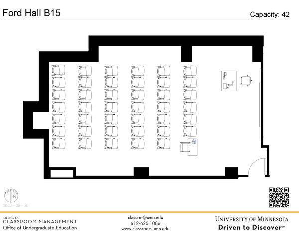 Plan view of the classroom that provides room capacity, seating locations and exits. A QR code links to room schedule and contact information is in the footer