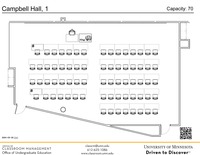 Plan view of the classroom that provides room capacity, seating locations and exits. A QR code links to room schedule and contact information is in the footer