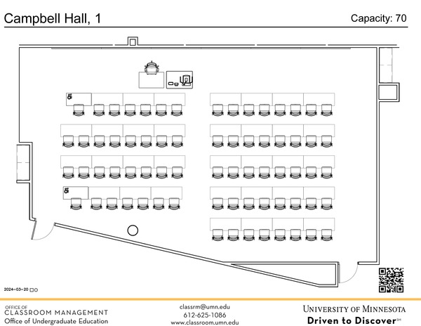 Plan view of the classroom that provides room capacity, seating locations and exits. A QR code links to room schedule and contact information is in the footer