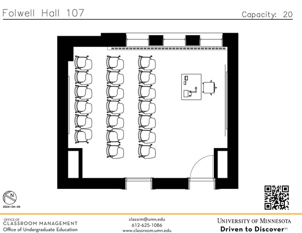 Plan view of the classroom that provides room capacity, seating locations and exits. A QR code links to room schedule and contact information is in the footer