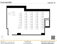 Plan view of the classroom that provides room capacity, seating locations and exits. A QR code links to room schedule and contact information is in the footer