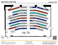 Plan view of the classroom that provides room capacity, seating locations and exits. A QR code links to room schedule and contact information is in the footer