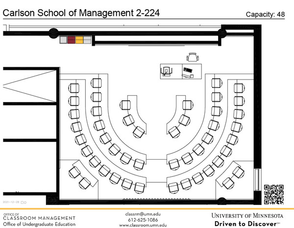 Plan view of the classroom that provides room capacity, seating locations and exits. A QR code links to room schedule and contact information is in the footer