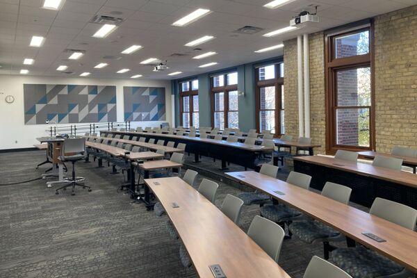 Back of room view of student attached seating