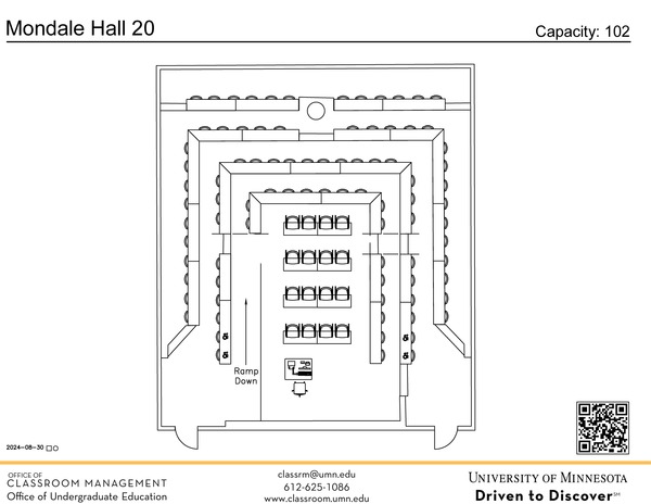 Plan view of the classroom that provides room capacity, seating locations and exits. A QR code links to room schedule and contact information is in the footer