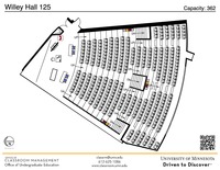 Plan view of the classroom that provides room capacity, seating locations and exits. A QR code links to room schedule and contact information is in the footer