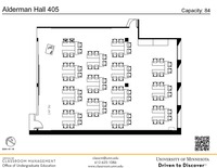 Plan view of the classroom that provides room capacity, seating locations and exits. A QR code links to room schedule and contact information is in the footer