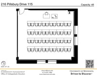 Plan view of the classroom that provides room capacity, seating locations and exits. A QR code links to room schedule and contact information is in the footer