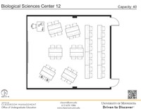 Plan view of the classroom that provides room capacity, seating locations and exits. A QR code links to room schedule and contact information is in the footer