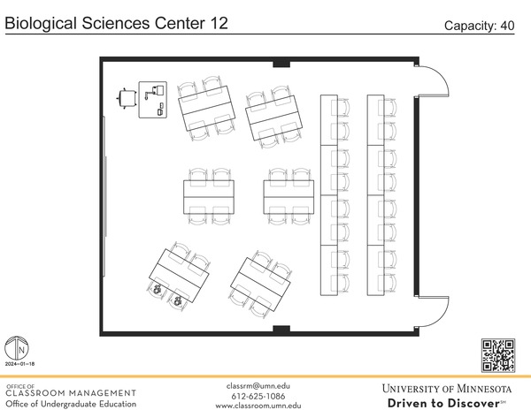 Plan view of the classroom that provides room capacity, seating locations and exits. A QR code links to room schedule and contact information is in the footer