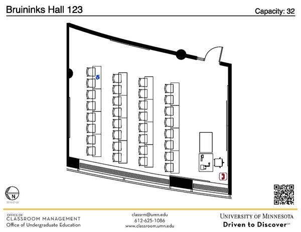 Plan view of the classroom that provides room capacity, seating locations and exits. A QR code links to room schedule and contact information is in the footer