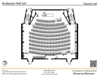 Plan view of the classroom that provides room capacity, seating locations and exits. A QR code links to room schedule and contact information is in the footer