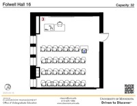 Plan view of the classroom that provides room capacity, seating locations and exits. A QR code links to room schedule and contact information is in the footer