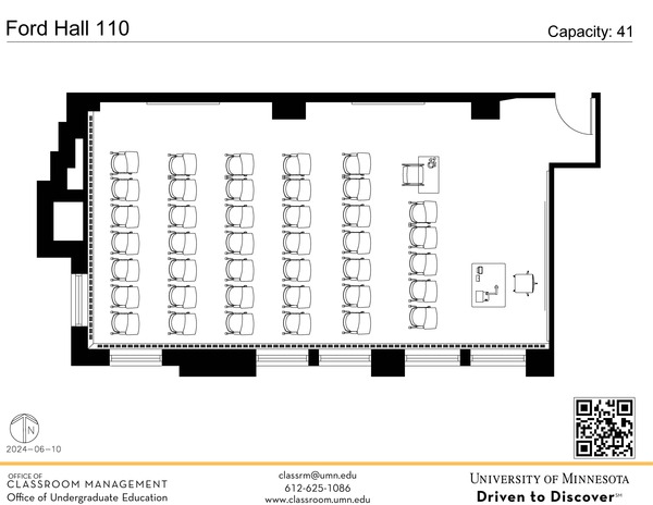 Plan view of the classroom that provides room capacity, seating locations and exits. A QR code links to room schedule and contact information is in the footer