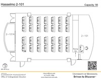 Plan view of the classroom that provides room capacity, seating locations and exits. A QR code links to room schedule and contact information is in the footer