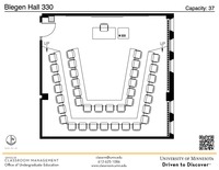 Plan view of the classroom that provides room capacity, seating locations and exits. A QR code links to room schedule and contact information is in the footer