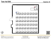 Plan view of the classroom that provides room capacity, seating locations and exits. A QR code links to room schedule and contact information is in the footer