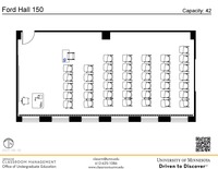 Plan view of the classroom that provides room capacity, seating locations and exits. A QR code links to room schedule and contact information is in the footer