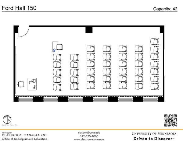 Plan view of the classroom that provides room capacity, seating locations and exits. A QR code links to room schedule and contact information is in the footer