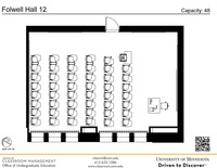 Plan view of the classroom that provides room capacity, seating locations and exits. A QR code links to room schedule and contact information is in the footer