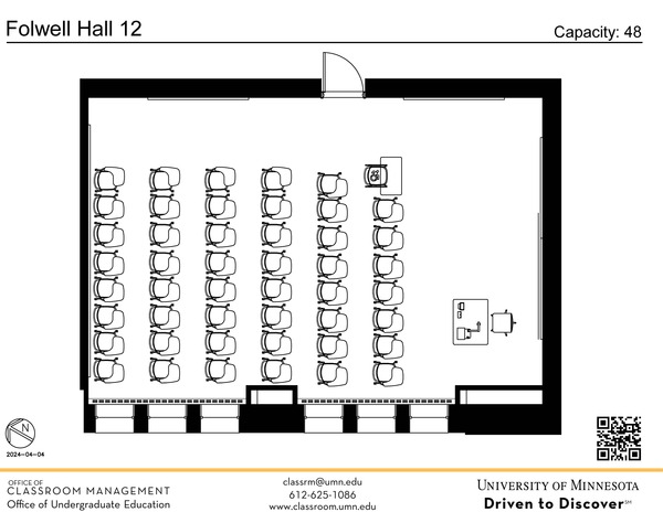 Plan view of the classroom that provides room capacity, seating locations and exits. A QR code links to room schedule and contact information is in the footer