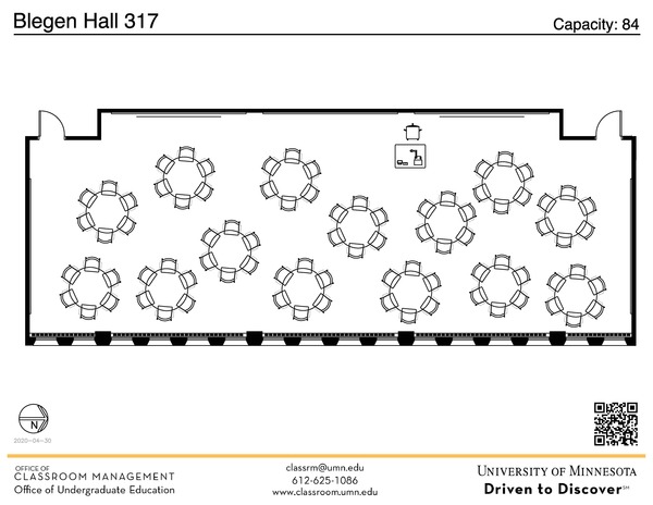 Plan view of the classroom that provides room capacity, seating locations and exits. A QR code links to room schedule and contact information is in the footer