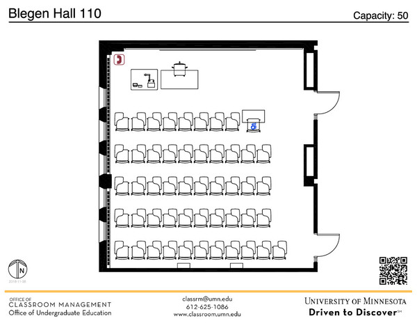 Plan view of the classroom that provides room capacity, seating locations and exits. A QR code links to room schedule and contact information is in the footer