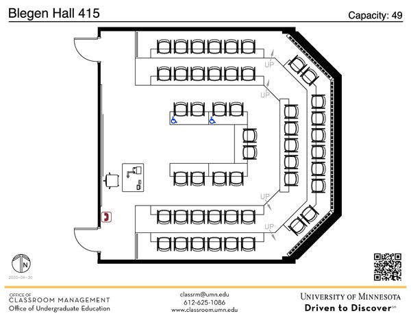 Plan view of the classroom that provides room capacity, seating locations and exits. A QR code links to room schedule and contact information is in the footer