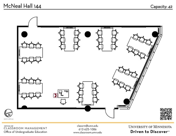 Plan view of the classroom that provides room capacity, seating locations and exits. A QR code links to room schedule and contact information is in the footer